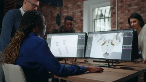 Multi ethnic team of professional engineers and designers creating 3D 動画素材 231349823