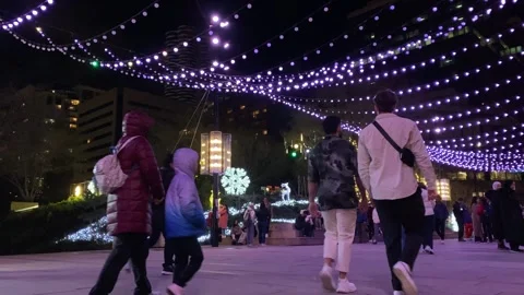 Multi-Ethnic Tourists Walking Under Winter Night Lights Stock Footage 282405862