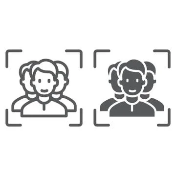 Multi face id line and glyph icon, face recognition and face identification Stock Illustration