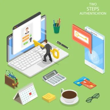 Multi factor authentication flat isometric vector. Stock Illustration