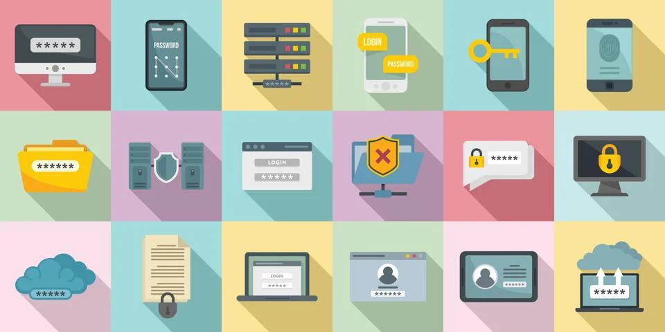 Multi-factor authentication icons set, flat style Stockillustratie