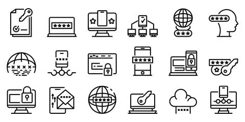 Multi-factor authentication icons set, outline style Stock Illustration
