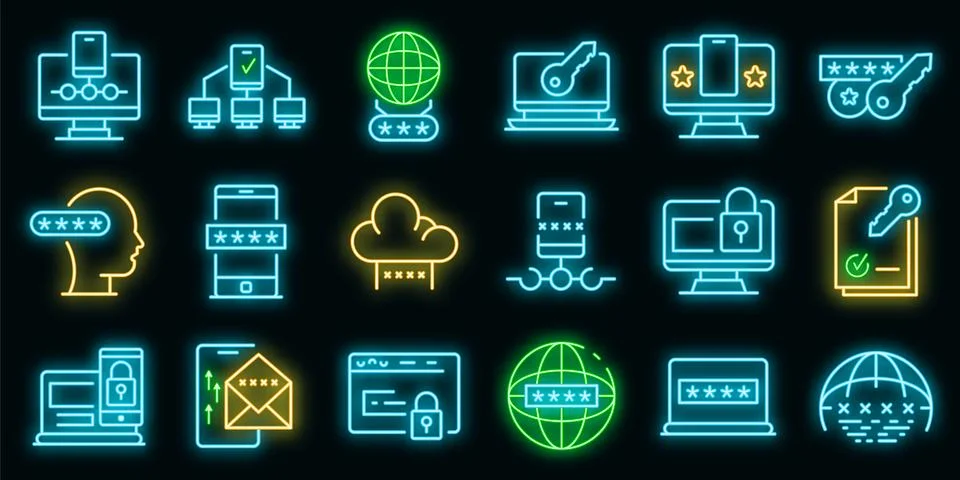 Multi-factor authentication icons set vector neon Stock Illustration