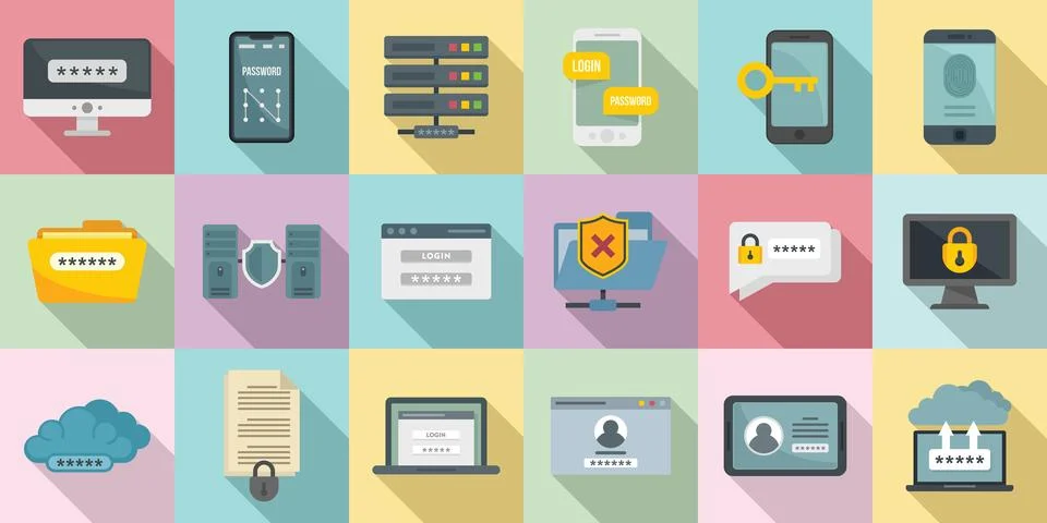 Multi-factor authentication icons set, flat style Illustrazione stock