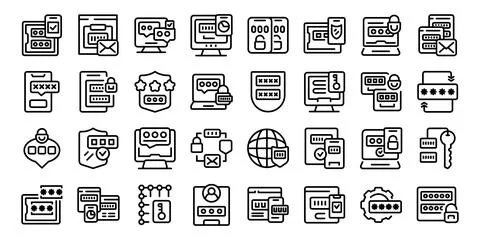 Multi factor authentication icons set outline vector. Laptop security Stock Illustration