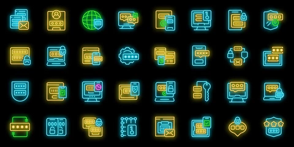 Multi factor authentication icons set vector neon Stock Illustration