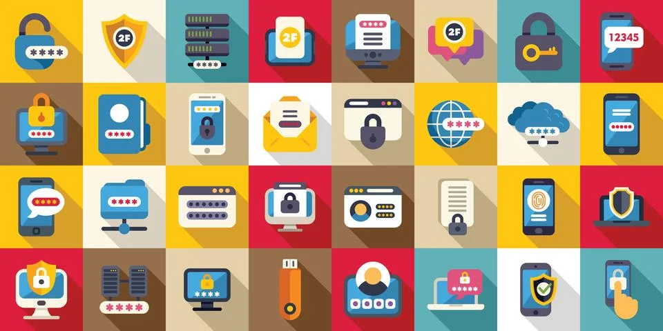 Multi factor authentication icons set flat vector. Password security Stock Illustration