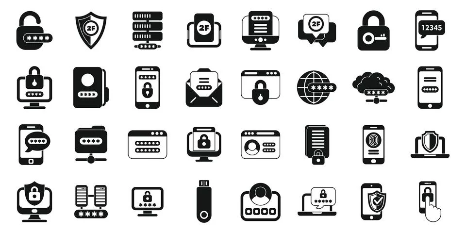 Multi factor authentication icons set simple vector. Password security Stock Illustration