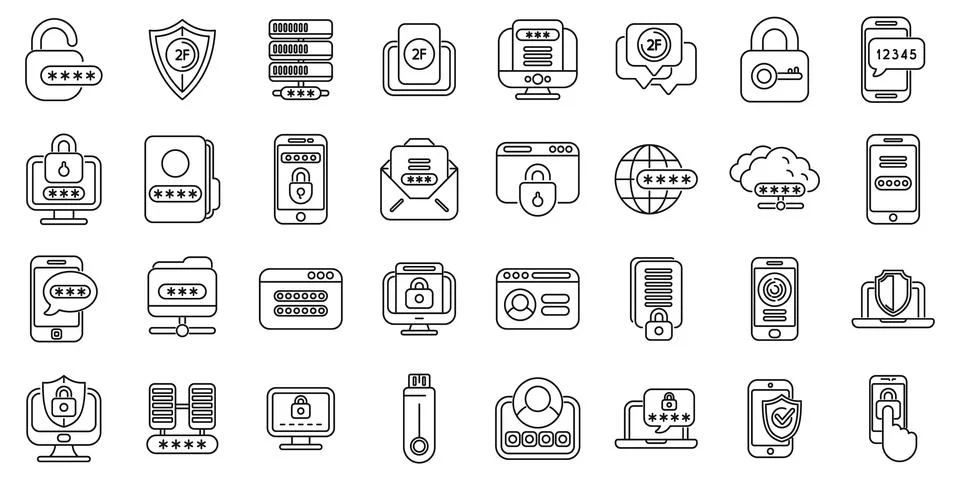 Multi factor authentication icons set outline vector. Password security Stock Illustration