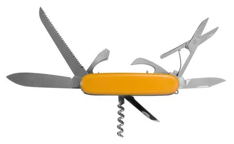 Multi functional pocket knife studio photography of a orange pocket knife ... Foto stock