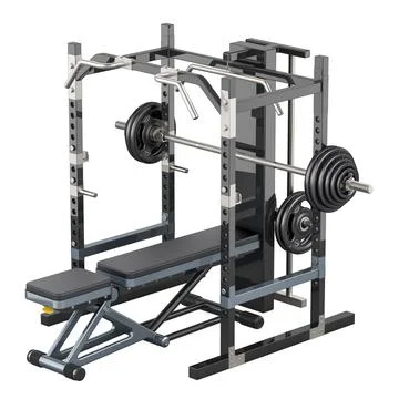 Multi Functional Trainer Machine. Power rack with workout bench and weight .. Stock Illustration