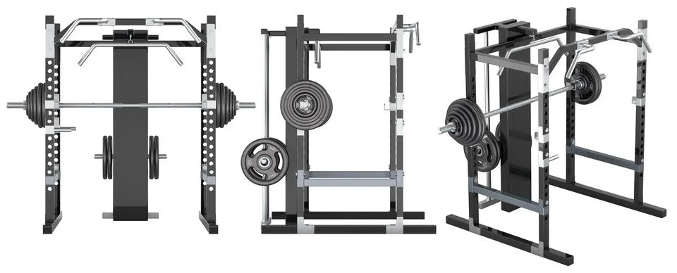 Multi Functional Trainer Machine. Power rack with weight bars, front and si.. Stock Illustration