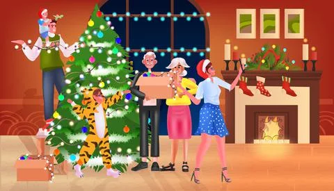 Multi generated family decorating christmas tree merry xmas happy new year Stock Illustration