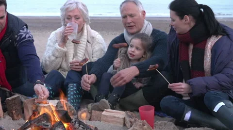 Multi Generation Family Having Barbeque On Winter Beach Stock Footage 43307455