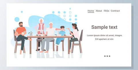 Multi generation family having breakfast sitting at dinning table spending time Stock Illustration