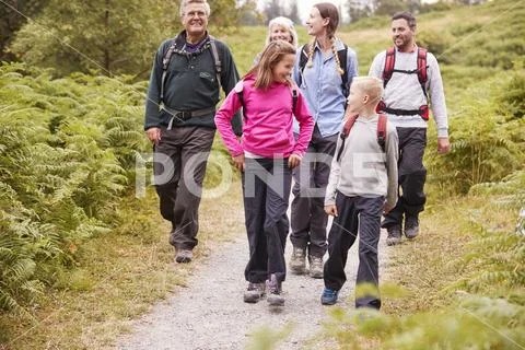 Multi generation family talk while walking in the countryside during a campin Stock Photos