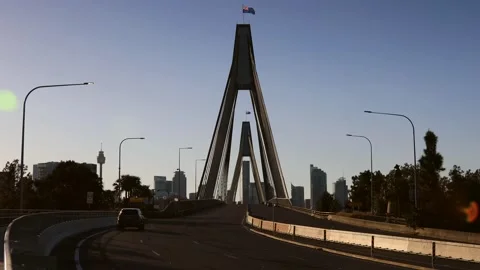 Multi-lane motorway of Anzac bridge leads to City of Sydney CBD – 4k. Stock Footage 160695130