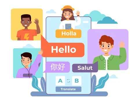 Multi language translator. Smartphone chat app, international multilingual Stock Illustration
