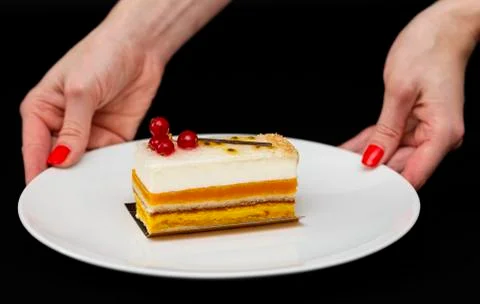 Multi layered beautiful cake with white cream and red currants, on a white pl Stock Photos