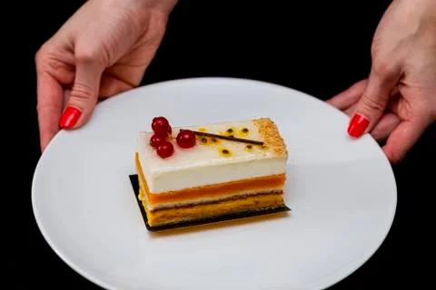 Multi layered beautiful cake with white cream and red currants, on a white pl Stock Photos
