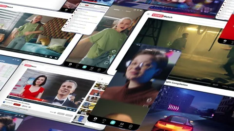 Multi Layered Collage of Screens Displaying Vlogs, News Reports, Streaming Feeds Stock Footage 321138348
