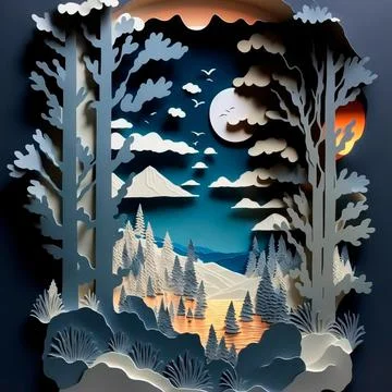 Multi-layered crafts made of paper. Mountains, trees, forest and clouds Illustrazione stock