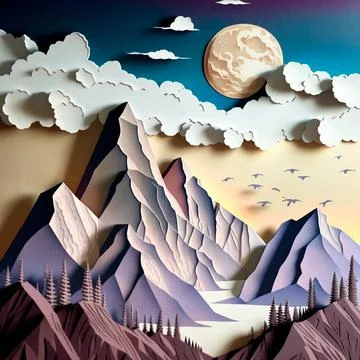 Multi-layered crafts made of paper. Mountains, trees, forest and clouds Stock Illustration