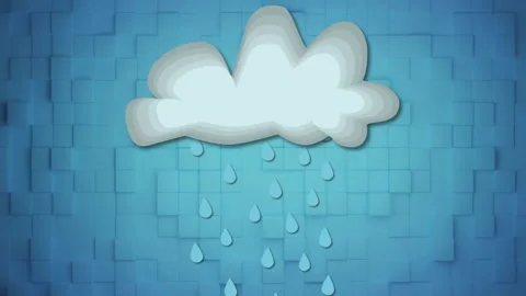Multi-layered paper-cut cloud raining stylized blue drops over blue gradient Stockbeeldmateriaal 308657628