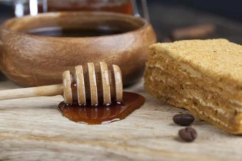 A multi-layered piece of cake made of flour and cream filling Stock Photos