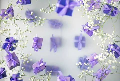 A multi-layered postcard made of gift boxes in a fashionable, trendy very per Stock Photos