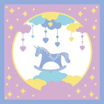 Multi-layered postcard with a unicorn on the clouds, color children's vector Stock Illustration