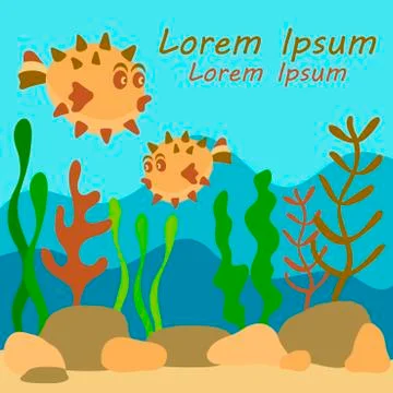 Multi-layered underwater world, landscape with seaweed and cute fish. Plant s Stock Illustration