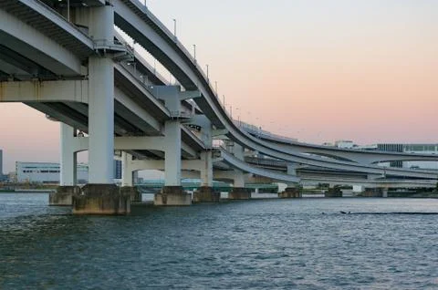 Multi level bridge. Modern urban infrastructure. Rainbow bridge in Tokyo, Jap Stock Photos