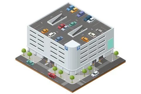 Multi-level parking building illustration in isometric style. Showcases various Ilustración de archivo