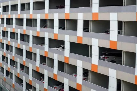 Multi-level parking on the first floors of a multi-storey residential buildin Stock Photos