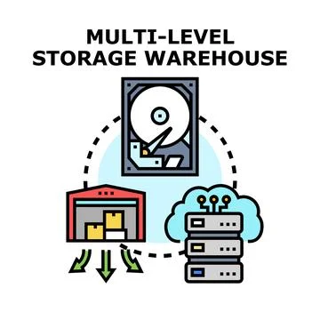 Multi level storage warehouse system managing data and logistics Stock Illustration