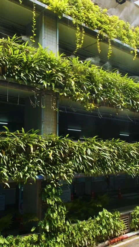 Multi-level vertical garden with dense green foliage and mist irrigation on Stock Footage 315851514