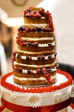 Multi level wedding cake with berries Stock Photos