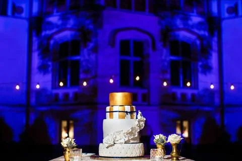 Multi level wedding cake with white flowers Stock Photos