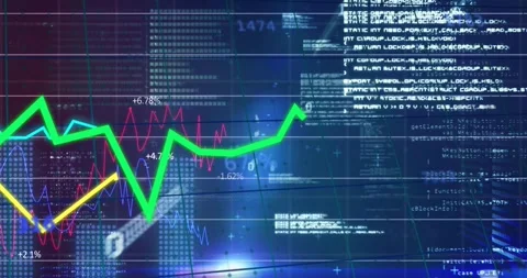 Multi-line data chart responding to live feed, green line climbing as labels Stockbeeldmateriaal 329611446