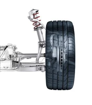 Multi link front car suspension, with brake. Photorealistic 3 D rendering. Stock Illustration