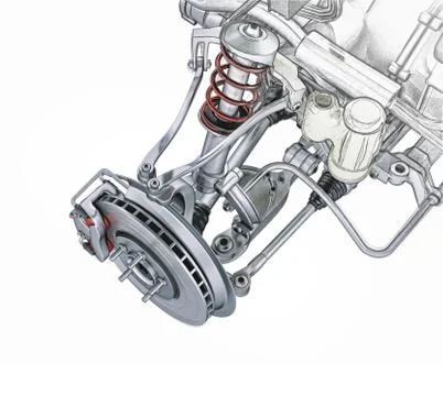 Multi link front car suspension, with brake. Photorealistic 3 D rendering. Stock Illustration