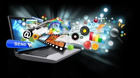 Multi media internet laptop with objects on black Stock Photos