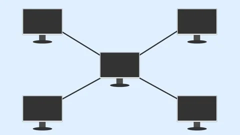 Multi-monitor backend server setup: One master monitor, four extensions. Stock Footage 265144297