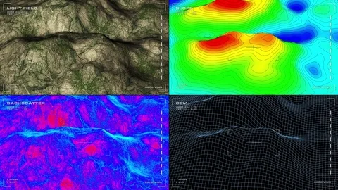 Multi-panel display screen: processed views of jungle-like terrain and data Vidéo 77766831