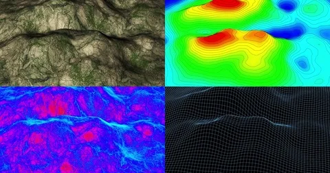 Multi-panel display screen: processed views of jungle-like terrain. No HUD.  Video stock 77766832