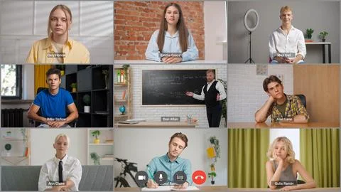 Multi Panel Online Classroom with Diverse Student Engagement Stock Photos