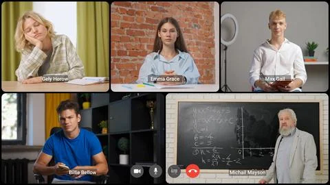 Multi-Panel Online Classroom with Diverse Student Engagement Stock Photos