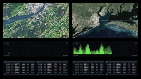 Multi-panel visual display: aerial recon, graphs, readouts, indicators Vidéo 90293475