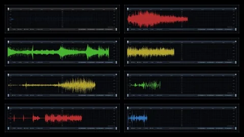 Multi-panel visual display: audio waveforms, readouts, indicators Vidéo 89346343